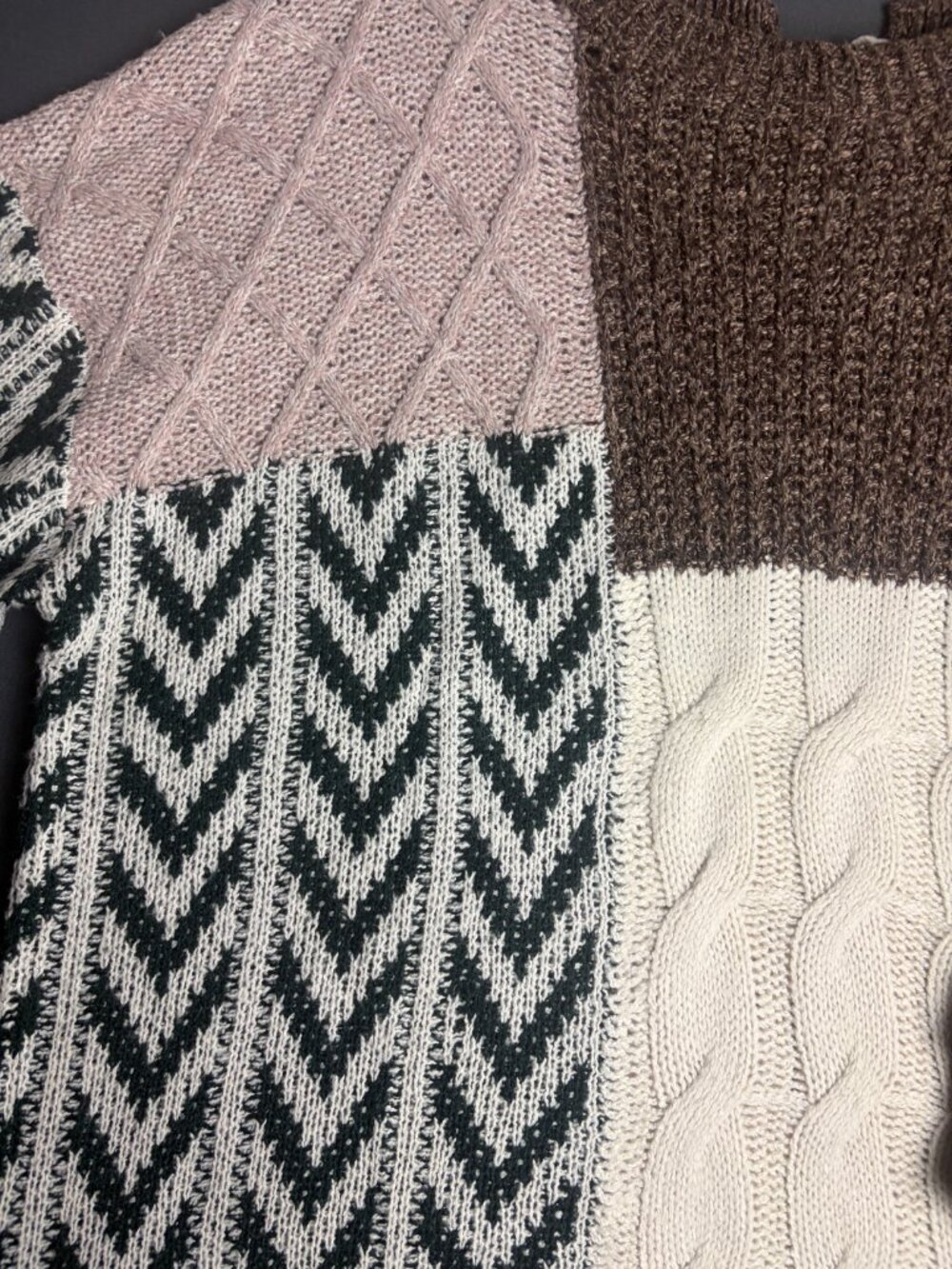Women's Xl Sweater Patchwork Cable Knit Pullover Balloon Sleeve Chevron Brown - Picture 8 of 8